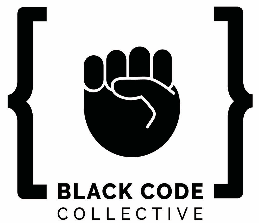 Black Code Collective log with a black fist in between curly braces